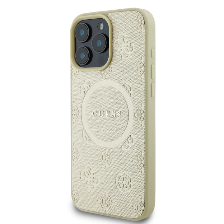 Guess iPhone 16 Pro Max Backcover hoesje - Magsafe Saffiano PU - Peony Classic Logo - Goud-Hoesjes-Ilumina Benelux