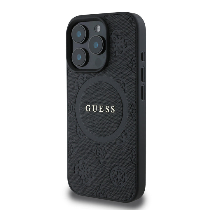 Guess iPhone 16 Pro Max Backcover hoesje - Magsafe Saffiano PU - Peony Classic Logo - Zwart-Hoesjes-Ilumina Benelux