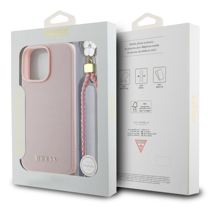 Guess iPhone 16 Pro Max Backcover hoesje Magsafe grained - flower charm strap - Roze-Hoesjes-Ilumina Benelux