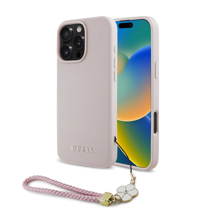 Guess iPhone 16 Pro Max Backcover hoesje Magsafe grained - flower charm strap - Roze-Hoesjes-Ilumina Benelux