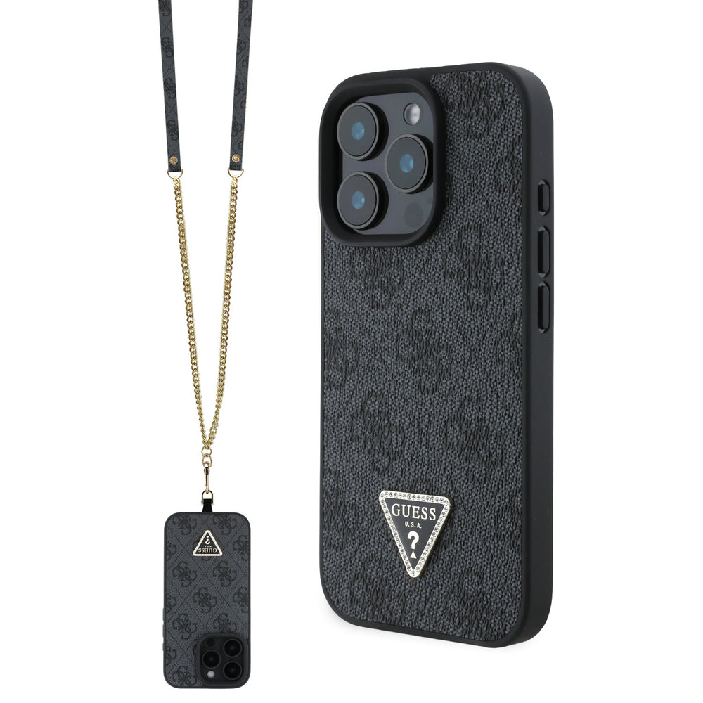 Guess iPhone 16 Pro Max Backcover hoesje PU Leather Metal Logo Crossbody - Zwart-Hoesjes-Ilumina Benelux