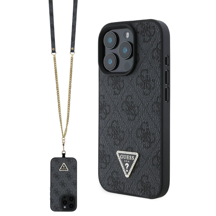 Guess iPhone 16 Pro Max Backcover hoesje PU Leather Metal Logo Crossbody - Zwart-Hoesjes-Ilumina Benelux