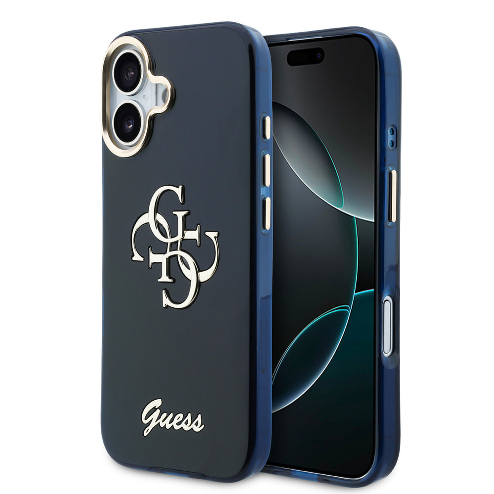 Guess iPhone 17 Backcover hoesje - 4G Script Metal Logo - Silver Edge - Blauw-Hoesjes-Ilumina Benelux