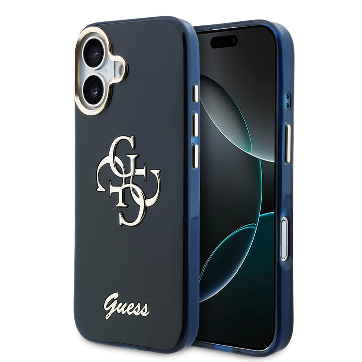 Guess iPhone 17 Backcover hoesje - 4G Script Metal Logo - Silver Edge - Blauw-Hoesjes-Ilumina Benelux