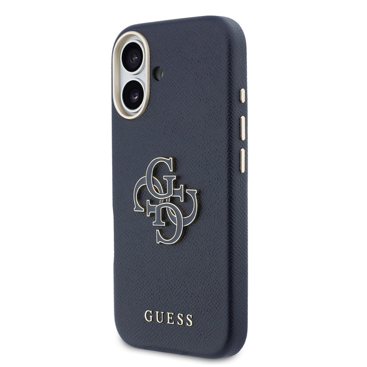 Guess iPhone 17 Backcover hoesje - MagSafe - Saffiano Leather - 4G Resin Logo - Blauw-Hoesjes-Ilumina Benelux