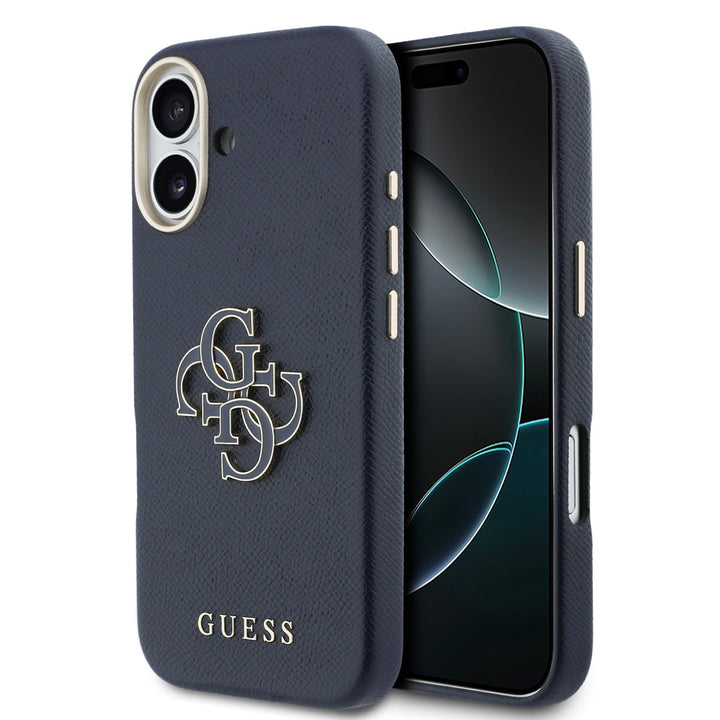 Guess iPhone 17 Backcover hoesje - MagSafe - Saffiano Leather - 4G Resin Logo - Blauw-Hoesjes-Ilumina Benelux