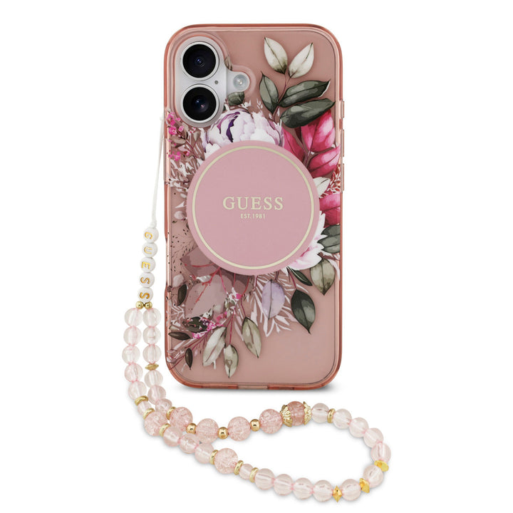 Guess iPhone 17 Backcover hoesje - Magsafe - IML Flowers with Pearl Strap - Roze-Hoesjes-Ilumina Benelux