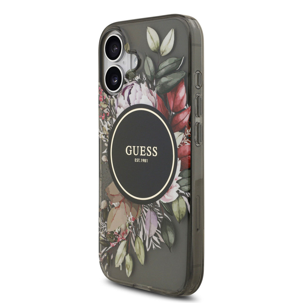 Guess iPhone 17 Backcover hoesje - Magsafe - IML Flowers with Pearl Strap - Zwart-Hoesjes-Ilumina Benelux
