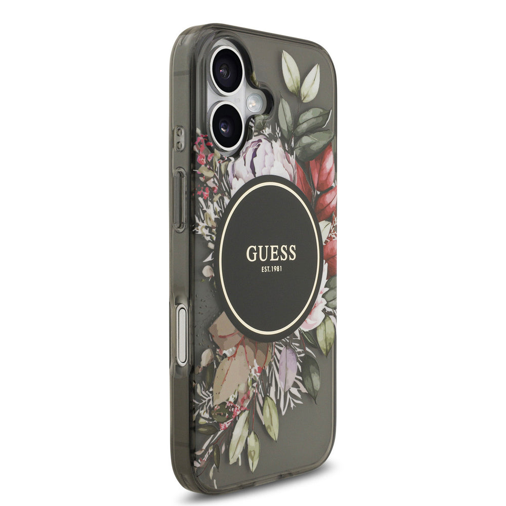 Guess iPhone 17 Backcover hoesje - Magsafe - IML Flowers with Pearl Strap - Zwart-Hoesjes-Ilumina Benelux