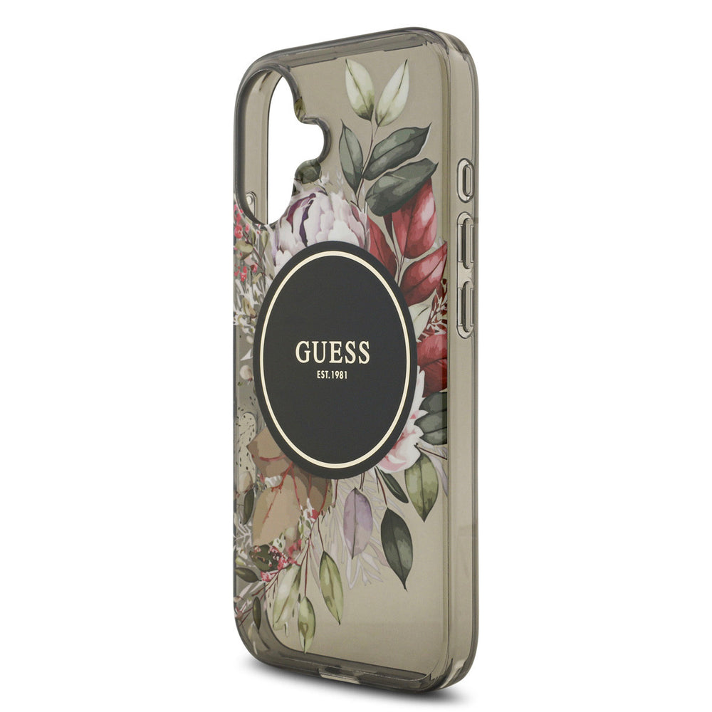 Guess iPhone 17 Backcover hoesje - Magsafe - IML Flowers with Pearl Strap - Zwart-Hoesjes-Ilumina Benelux