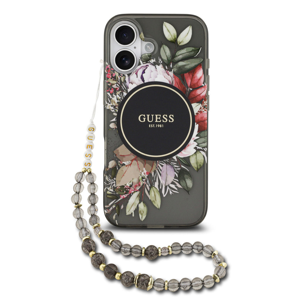 Guess iPhone 17 Backcover hoesje - Magsafe - IML Flowers with Pearl Strap - Zwart-Hoesjes-Ilumina Benelux