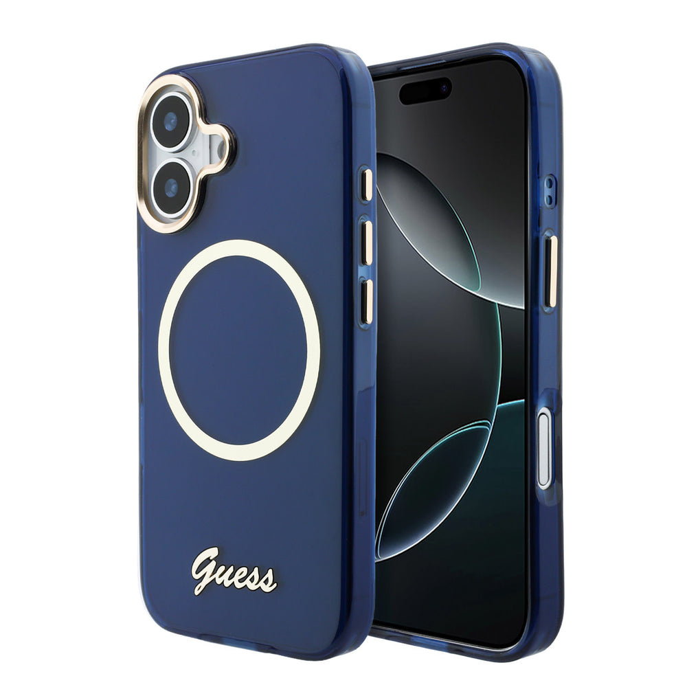 Guess iPhone 17 Backcover hoesje - Magsafe - Metal Logo - Gold Edge - Blauw-Hoesjes-Ilumina Benelux