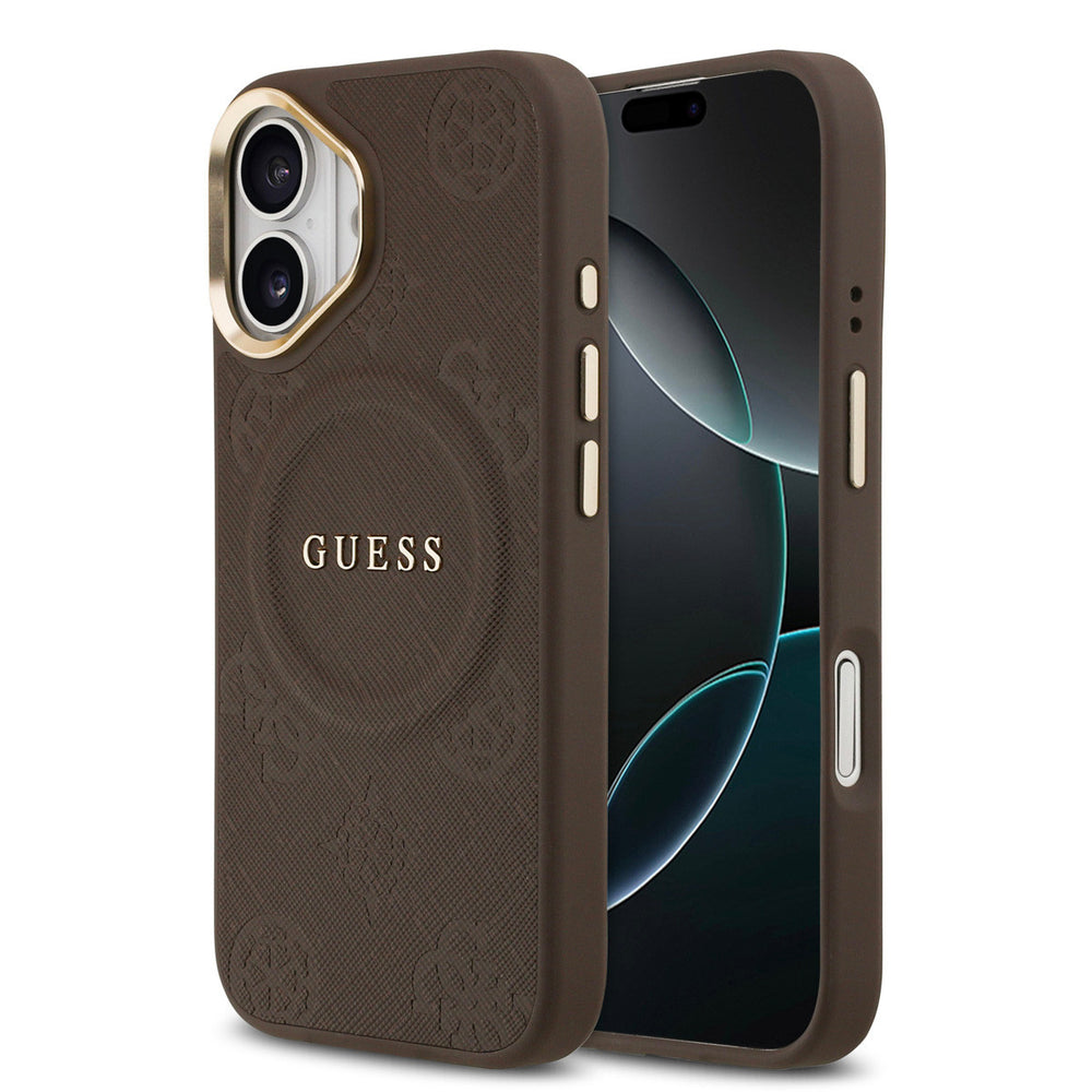 Guess iPhone 17 Backcover hoesje - Magsafe - PU Leather Peony Hot Stamp Design - Bruin-Hoesjes-Ilumina Benelux