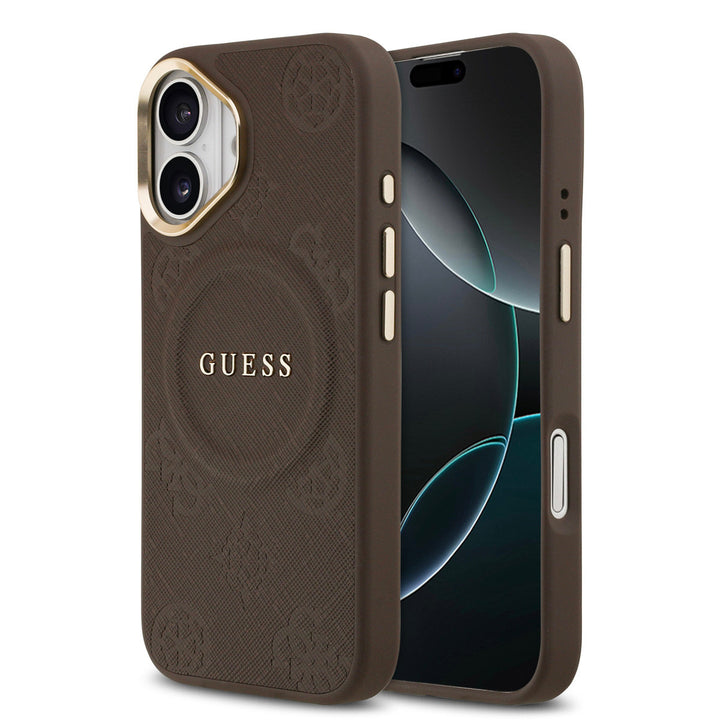 Guess iPhone 17 Backcover hoesje - Magsafe - PU Leather Peony Hot Stamp Design - Bruin-Hoesjes-Ilumina Benelux
