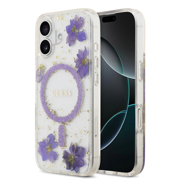 Guess iPhone 17 Backcover hoesje - Magsafe - Resin Flowers Design - Paars-Hoesjes-Ilumina Benelux