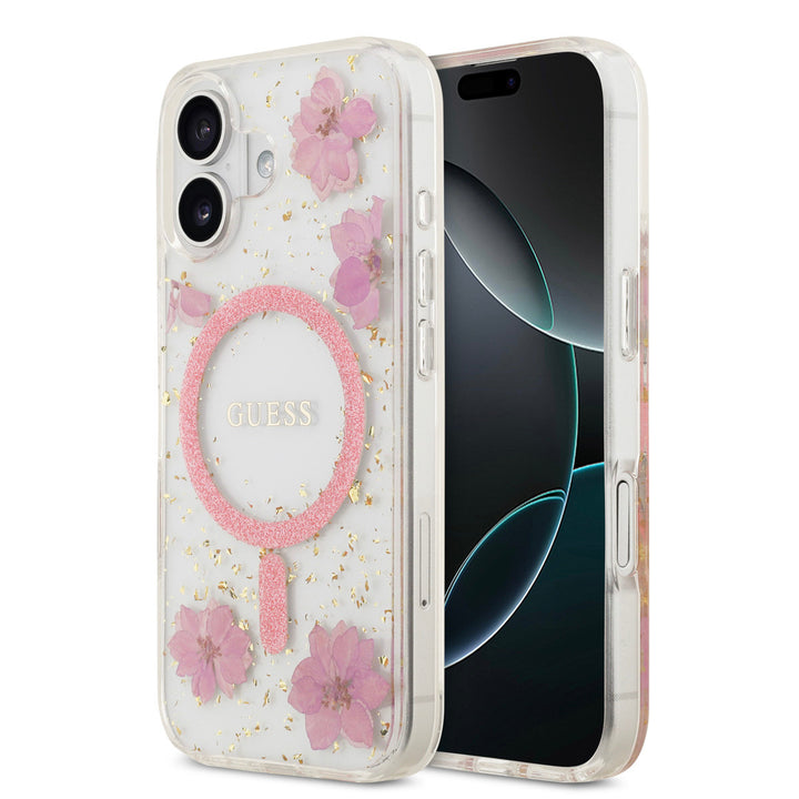 Guess iPhone 17 Backcover hoesje - Magsafe - Resin Flowers Design - Roze-Hoesjes-Ilumina Benelux