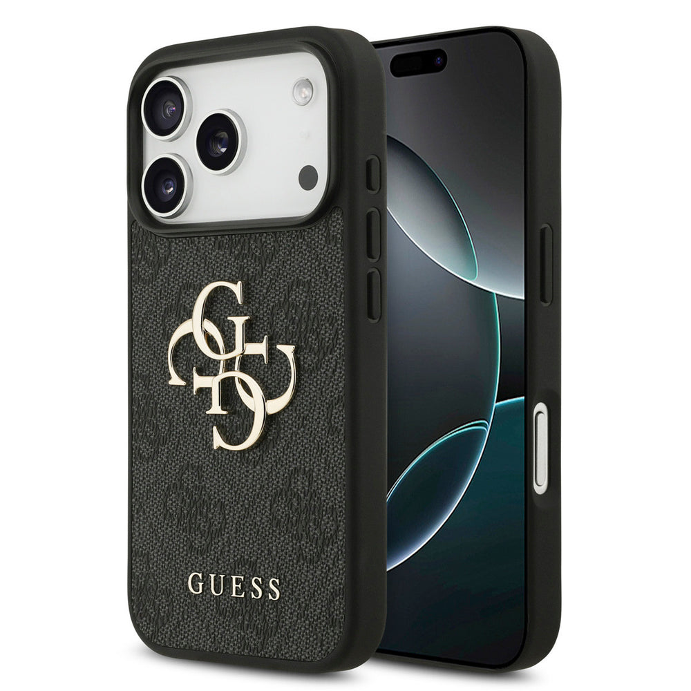 Guess iPhone 17 Pro Back Cover hoesje - 4G - Big Metal Logo - Gold Edge - Zwart-Hoesjes-Ilumina Benelux