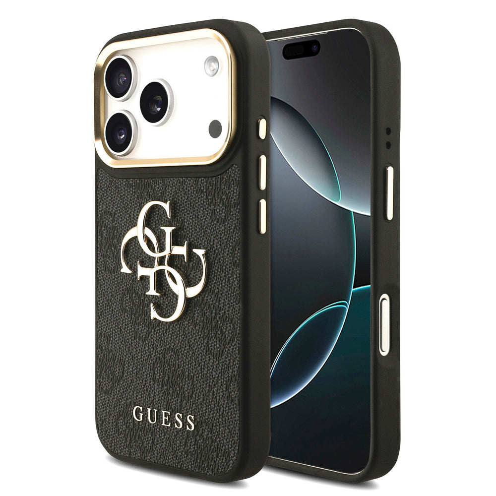 Guess iPhone 17 Pro Back Cover hoesje - Big Metal Logo - Gold Edge - Zwart-Hoesjes-Ilumina Benelux