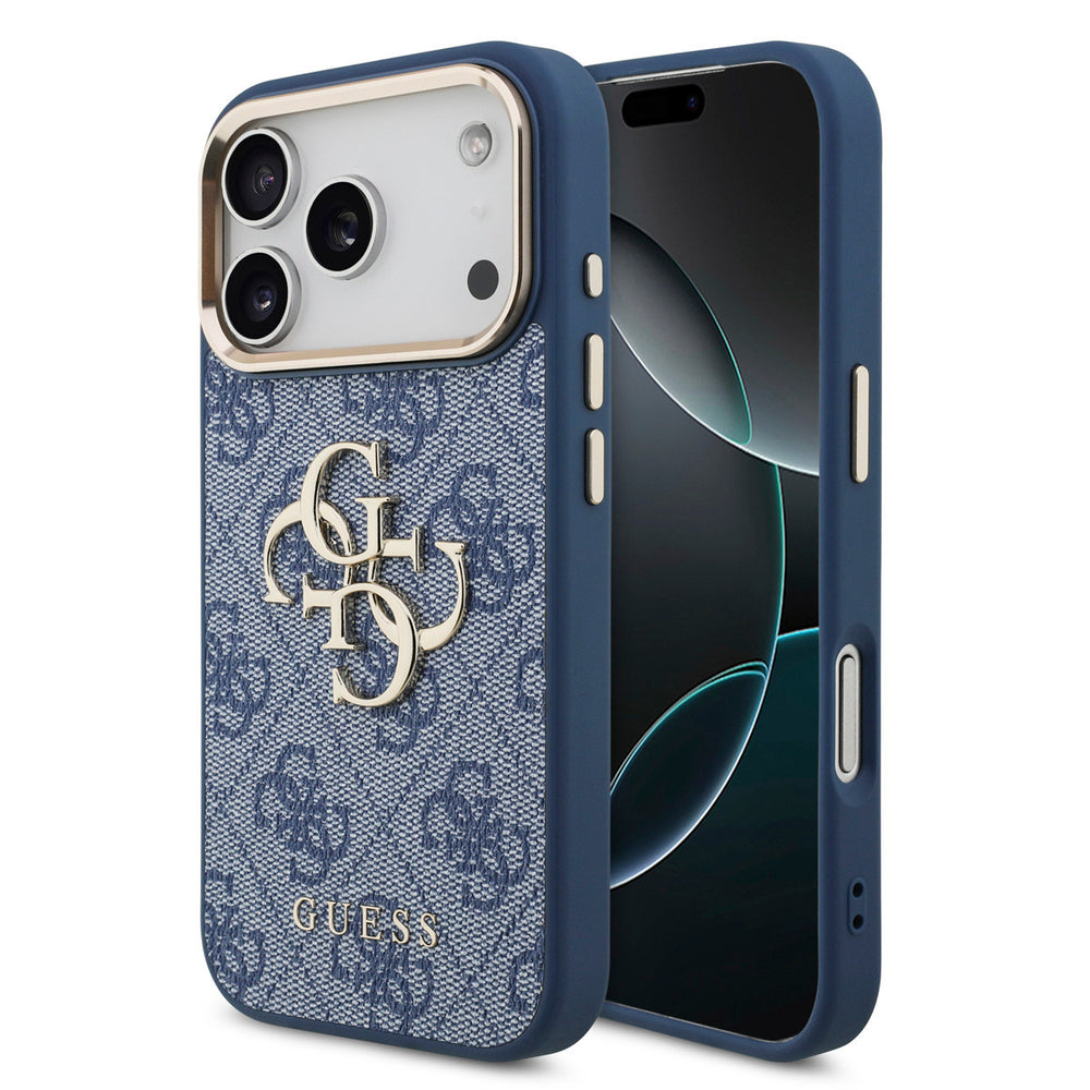 Guess iPhone 17 Pro Backcover hoesje - 4G - Big Metal Logo - Gold Edge - Blauw-Hoesjes-Ilumina Benelux