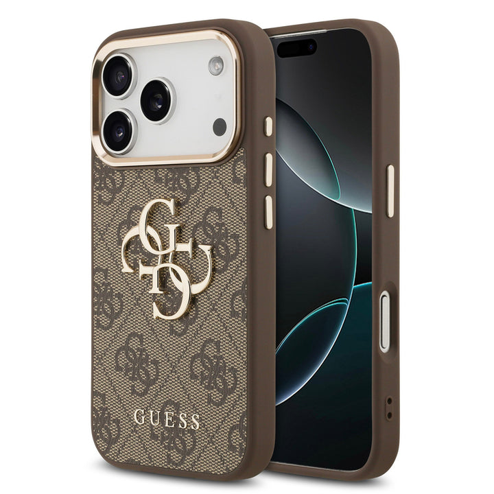 Guess iPhone 17 Pro Backcover hoesje - 4G - Big Metal Logo - Gold Edge - Bruin-Hoesjes-Ilumina Benelux