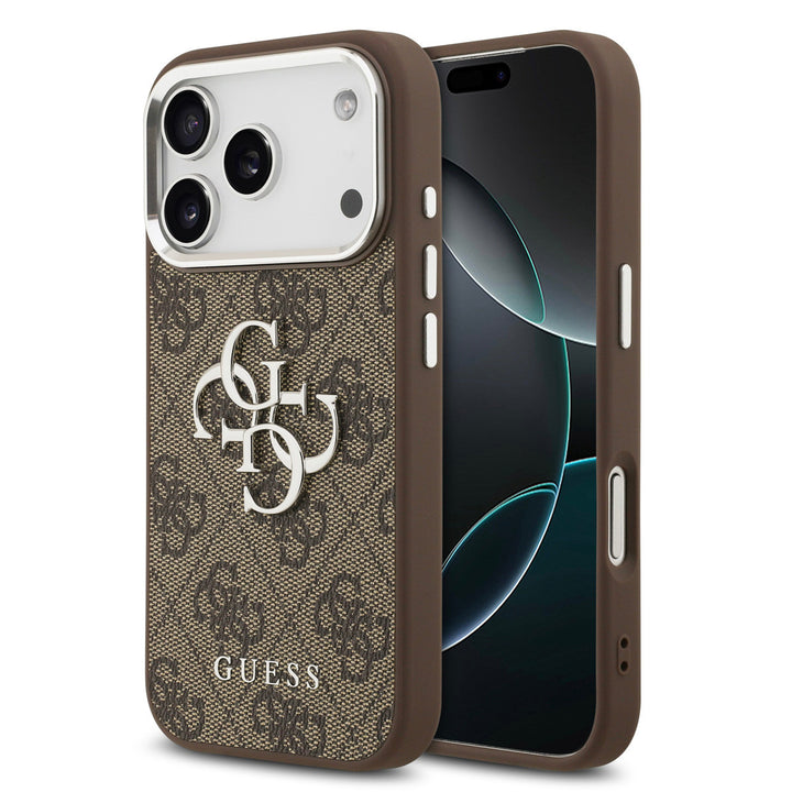 Guess iPhone 17 Pro Backcover hoesje - 4G - Big Metal Logo - Silver Edge - Bruin-Hoesjes-Ilumina Benelux