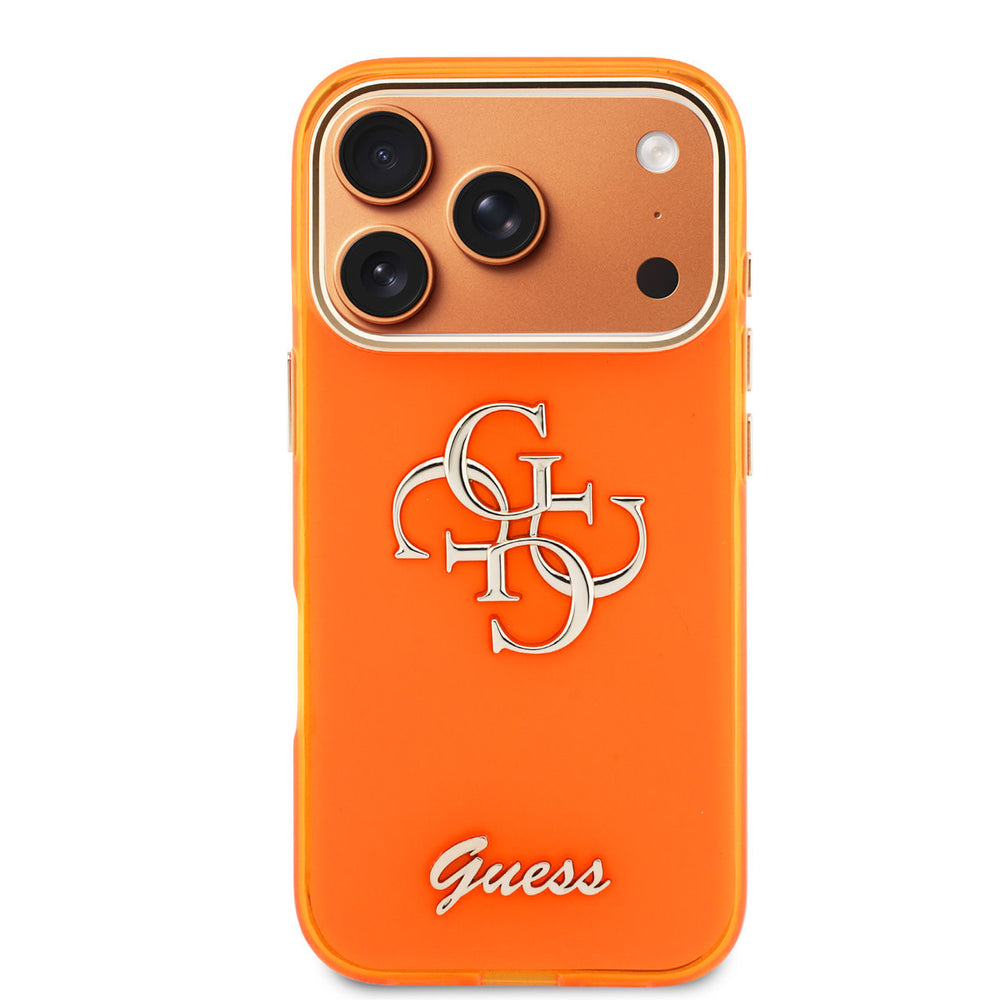 Guess iPhone 17 Pro Backcover hoesje - 4G Script Metal Logo - Silver Edge - Oranje-Hoesjes-Ilumina Benelux
