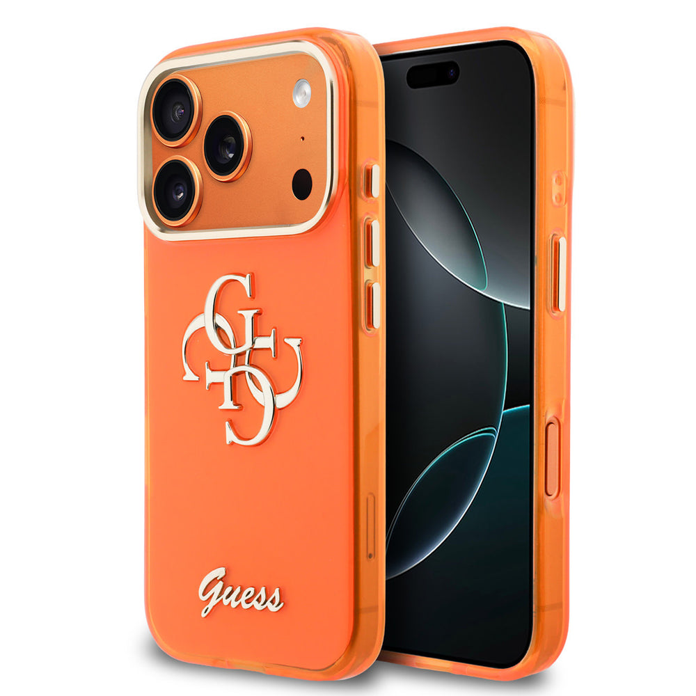 Guess iPhone 17 Pro Backcover hoesje - 4G Script Metal Logo - Silver Edge - Oranje-Hoesjes-Ilumina Benelux