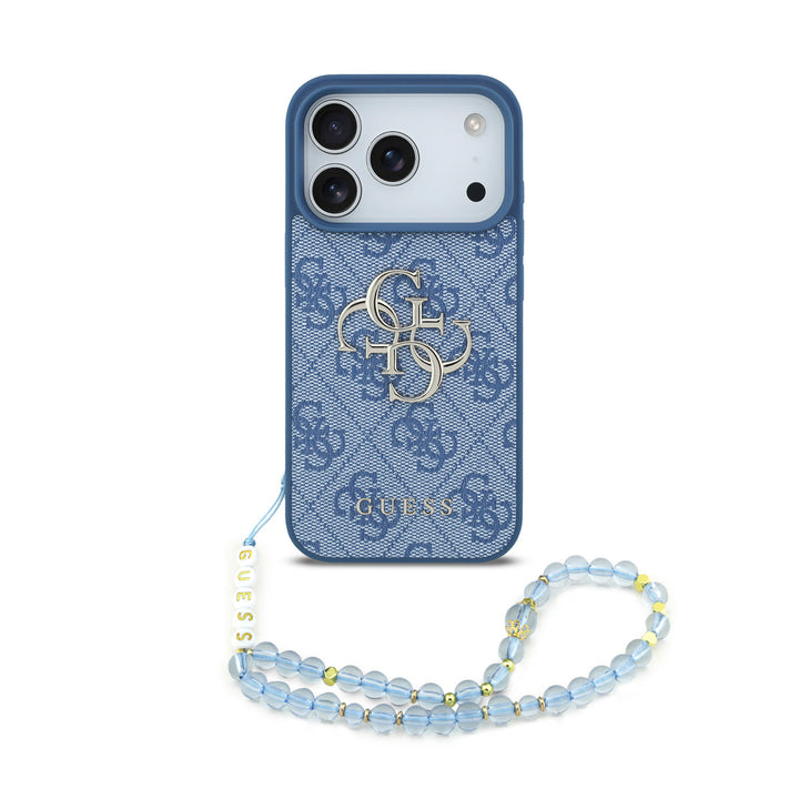 Guess iPhone 17 Pro Backcover hoesje - 4G With Pearl Strap - Big Metal Logo - Blauw-Hoesjes-Ilumina Benelux