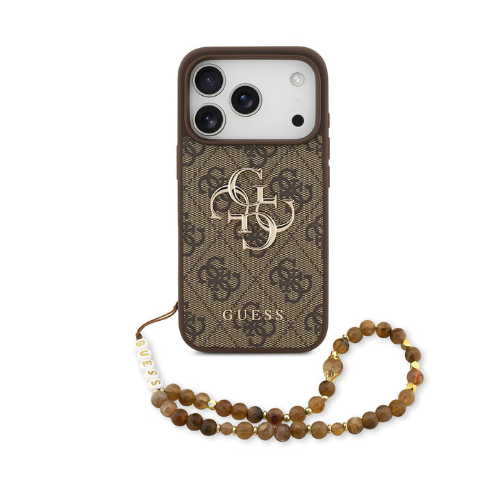 Guess iPhone 17 Pro Backcover hoesje - 4G With Pearl Strap - Big Metal Logo - Bruin-Hoesjes-Ilumina Benelux