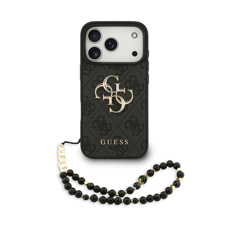 Guess iPhone 17 Pro Backcover hoesje - 4G With Pearl Strap - Big Metal Logo - Zwart-Hoesjes-Ilumina Benelux