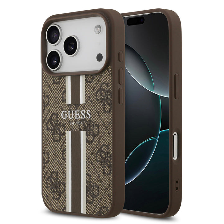 Guess iPhone 17 Pro Backcover hoesje - MagSafe - 4G Printed Stripes - Bruin-Hoesjes-Ilumina Benelux