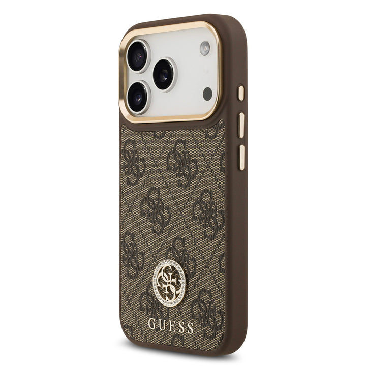 Guess iPhone 17 Pro Backcover hoesje - MagSafe - 4G Strass Logo - Gold Edge - Bruin-Hoesjes-Ilumina Benelux