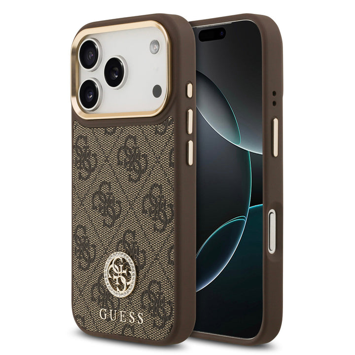Guess iPhone 17 Pro Backcover hoesje - MagSafe - 4G Strass Logo - Gold Edge - Bruin-Hoesjes-Ilumina Benelux