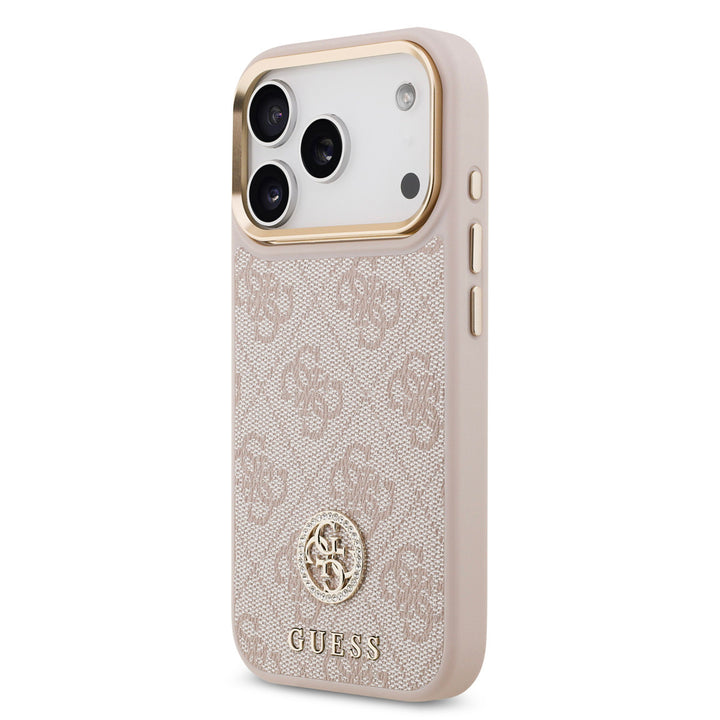 Guess iPhone 17 Pro Backcover hoesje - MagSafe - 4G Strass Logo - Gold Edge - Roze-Hoesjes-Ilumina Benelux
