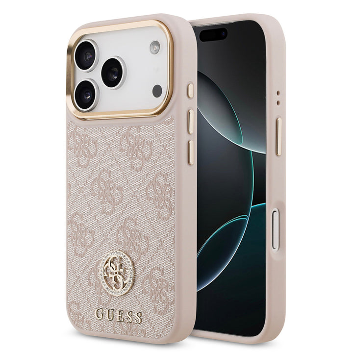 Guess iPhone 17 Pro Backcover hoesje - MagSafe - 4G Strass Logo - Gold Edge - Roze-Hoesjes-Ilumina Benelux