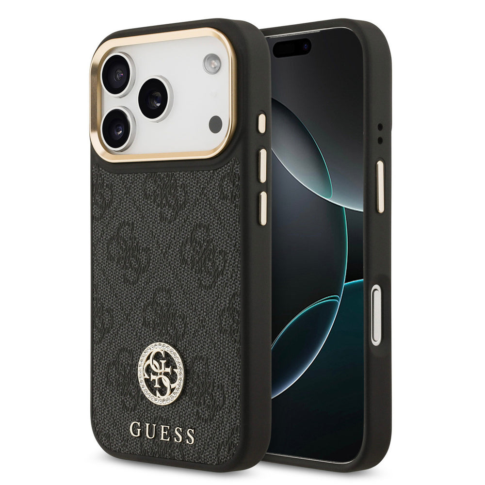 Guess iPhone 17 Pro Backcover hoesje - MagSafe - 4G Strass Logo - Gold Edge - Zwart-Hoesjes-Ilumina Benelux