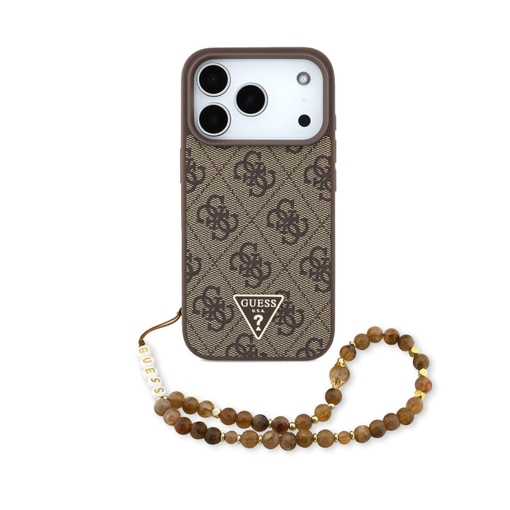 Guess iPhone 17 Pro Backcover hoesje - MagSafe - 4G Triangle Logo - Pearl Strap - Bruin-Hoesjes-Ilumina Benelux