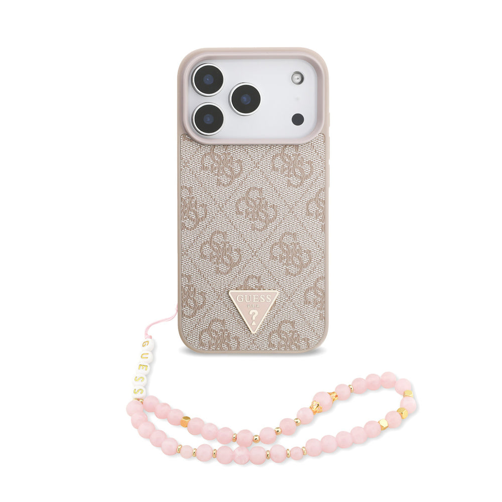 Guess iPhone 17 Pro Backcover hoesje - MagSafe - 4G Triangle Logo - Pearl Strap - Roze-Hoesjes-Ilumina Benelux