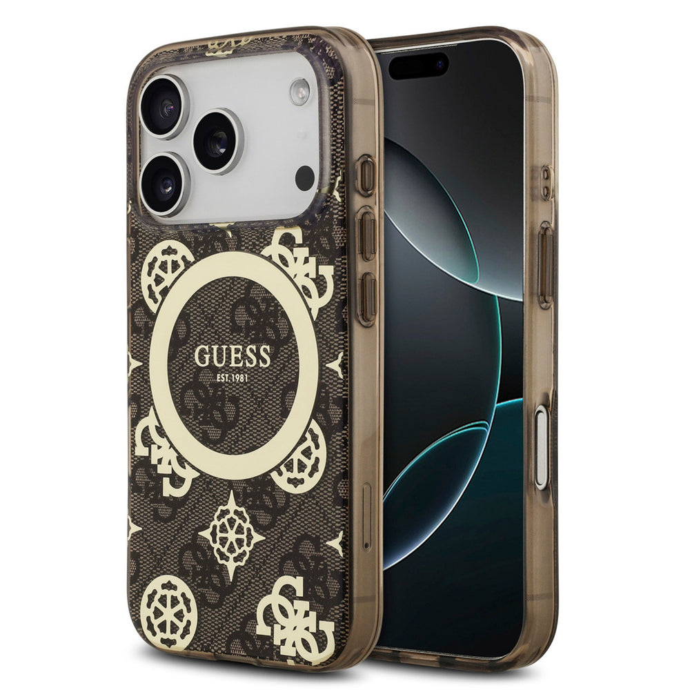 Guess iPhone 17 Pro Backcover hoesje - MagSafe - Peony on 4G Background - Bruin-Hoesjes-Ilumina Benelux