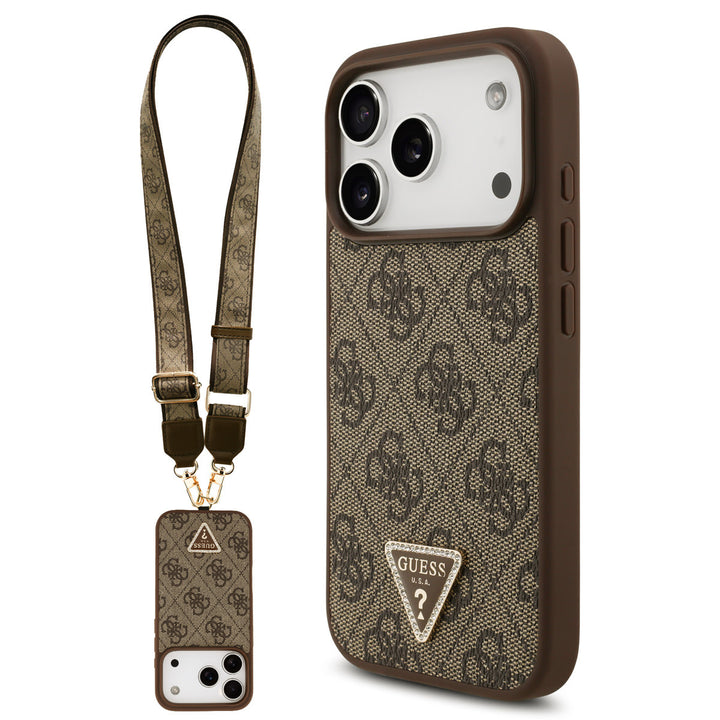 Guess iPhone 17 Pro Backcover hoesje - MagSafe With Crossbody Lanyard - 4G Triangle Logo - Bruin-Hoesjes-Ilumina Benelux