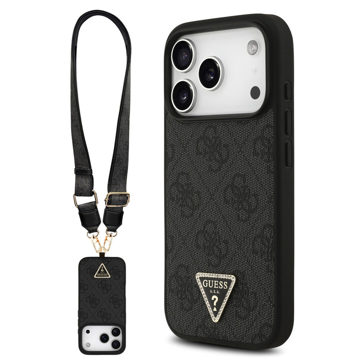 Guess iPhone 17 Pro Backcover hoesje - MagSafe With Crossbody Lanyard - 4G Triangle Logo - Zwart-Hoesjes-Ilumina Benelux