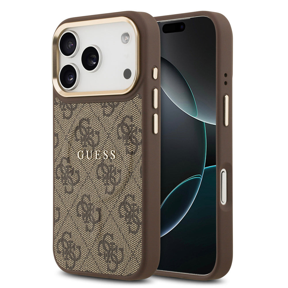 Guess iPhone 17 Pro Backcover hoesje - Magsafe - 4G Classic Logo - Gold Edge - Bruin-Hoesjes-Ilumina Benelux