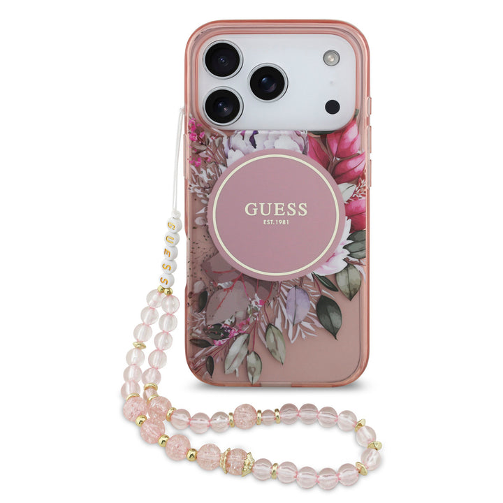 Guess iPhone 17 Pro Backcover hoesje - Magsafe - IML Flowers with Pearl Strap - Roze-Hoesjes-Ilumina Benelux