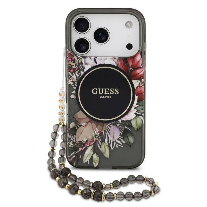 Guess iPhone 17 Pro Backcover hoesje - Magsafe - IML Flowers with Pearl Strap - Zwart-Hoesjes-Ilumina Benelux