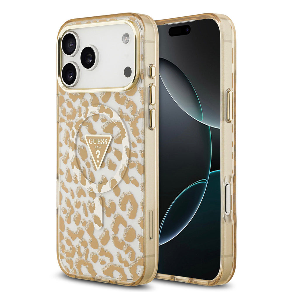 Guess iPhone 17 Pro Backcover hoesje - Magsafe - Leopard Glitter Edition - Bruin-Hoesjes-Ilumina Benelux