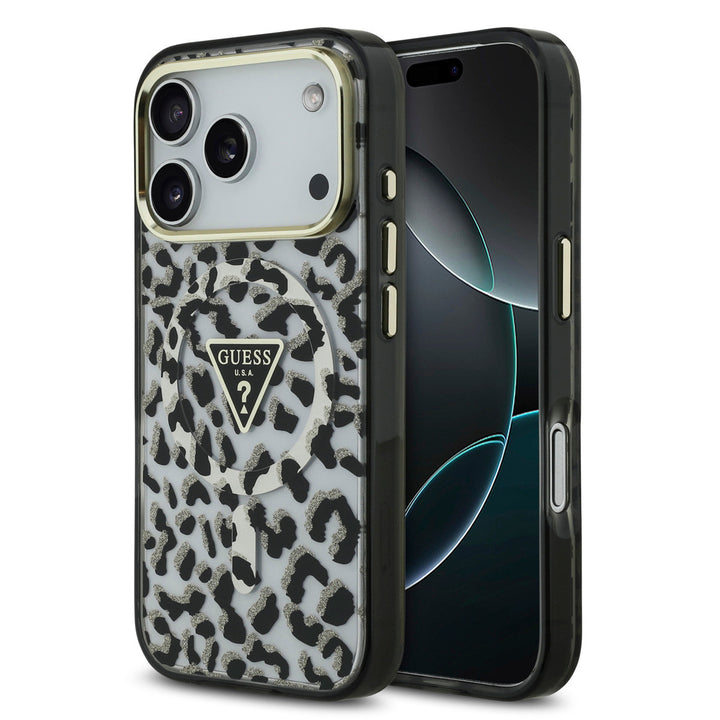 Guess iPhone 17 Pro Backcover hoesje - Magsafe - Leopard Glitter Edition - Zwart-Hoesjes-Ilumina Benelux