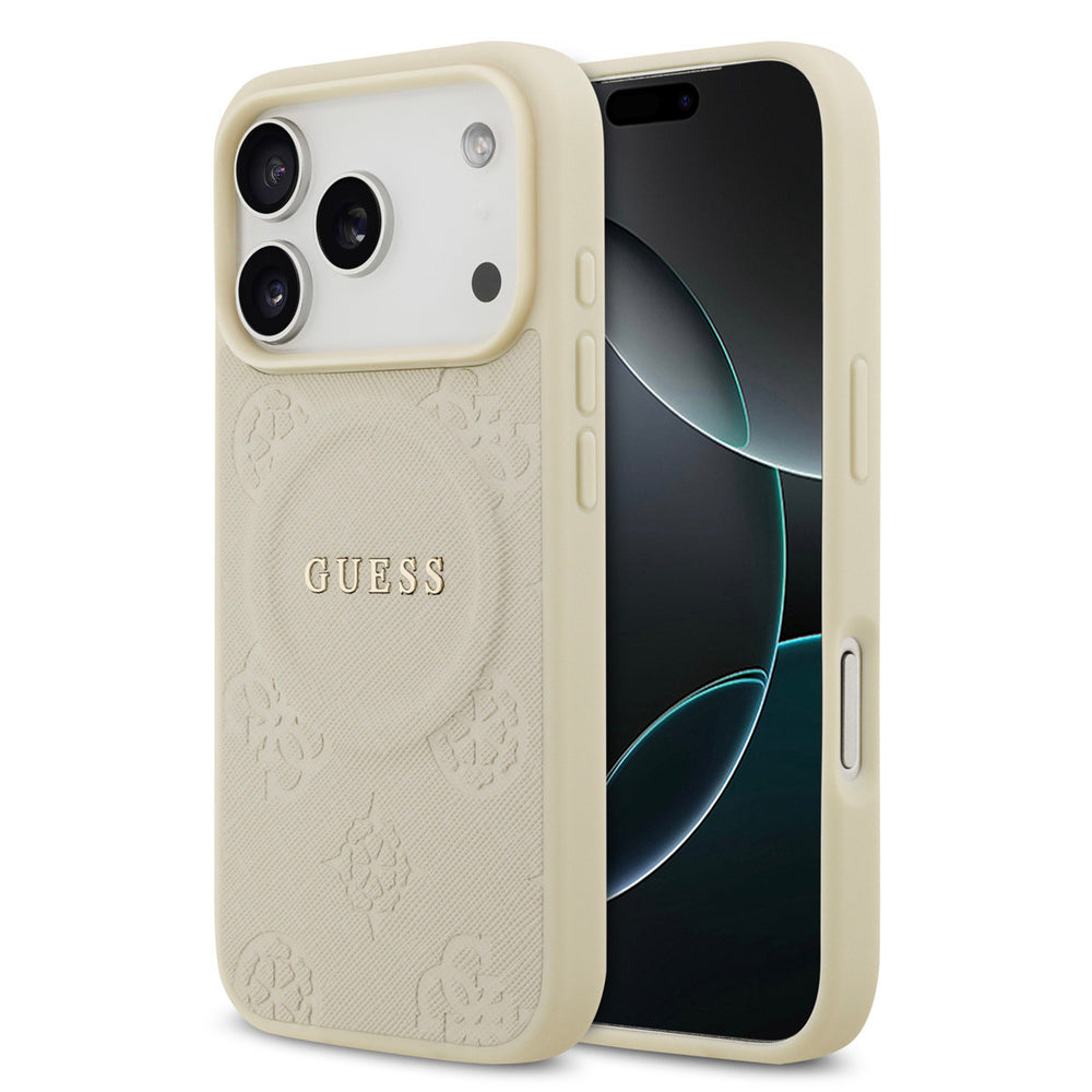 Guess iPhone 17 Pro Backcover hoesje - Magsafe PU Leather - Peony Hot Stamp - Beige-Hoesjes-Ilumina Benelux