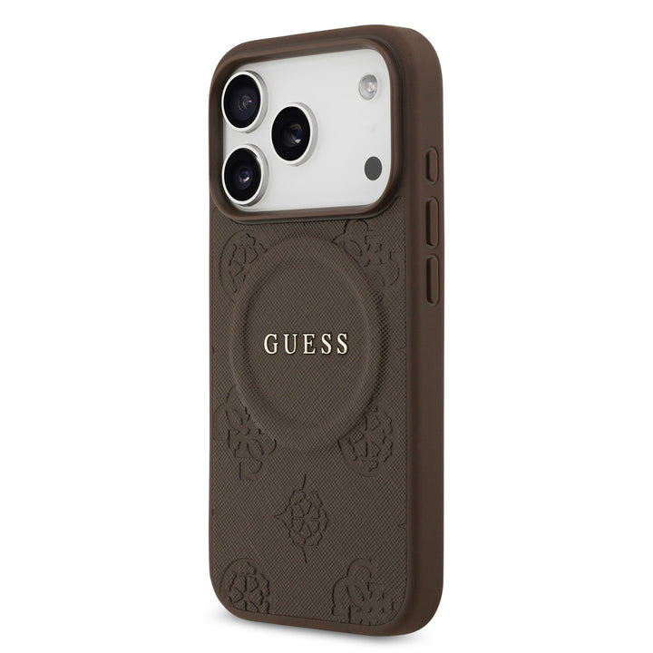 Guess iPhone 17 Pro Backcover hoesje - Magsafe PU Leather - Peony Hot Stamp - Bruin-Hoesjes-Ilumina Benelux