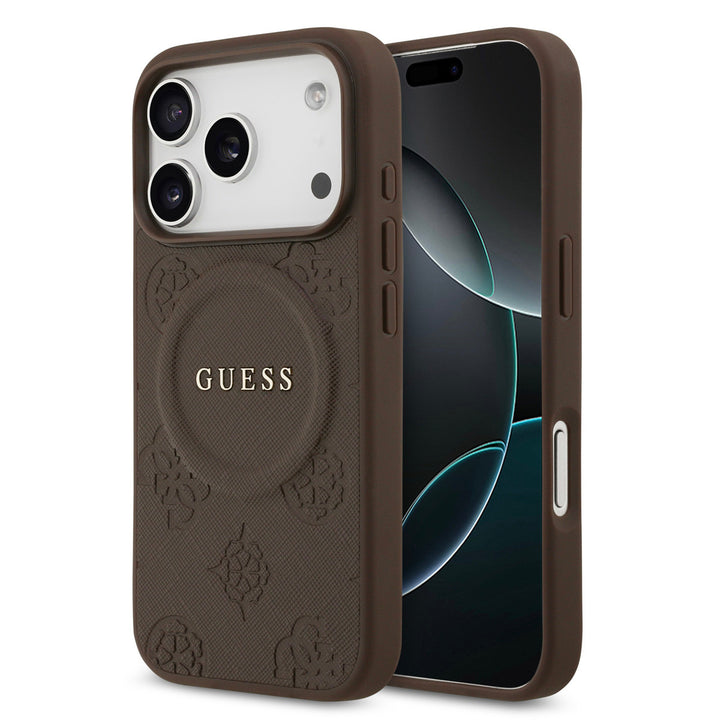 Guess iPhone 17 Pro Backcover hoesje - Magsafe PU Leather - Peony Hot Stamp - Bruin-Hoesjes-Ilumina Benelux
