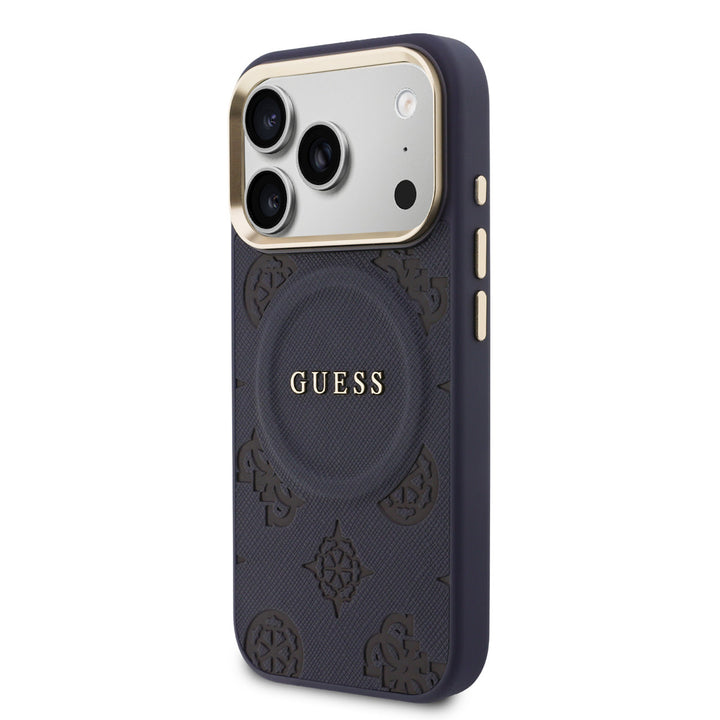 Guess iPhone 17 Pro Backcover hoesje - Magsafe - PU Leather Peony Hot Stamp Design - Blauw-Hoesjes-Ilumina Benelux